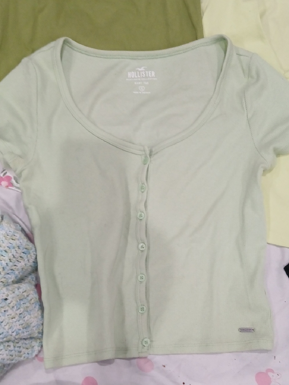 Hollister Short-Sleeve Light Mint Button-Front Ribbed Top
